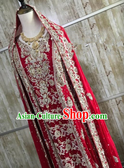 Asian Pakistan Court Bride Wedding Wine Red Embroidered Dress Traditional Pakistani Hui Nationality Islam Costumes for Women