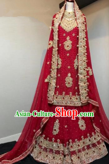 Asian  Indian Court Wedding Wine Red Embroidered Dress Traditional   India Hui Nationality Costumes for Women