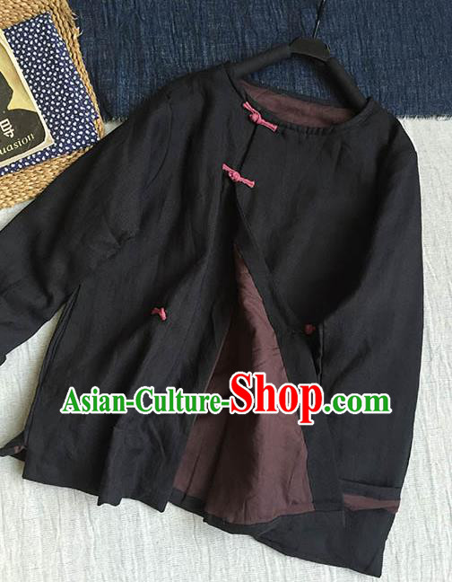 Chinese Traditional Tang Suit Black Cotton Padded Jacket National Upper Outer Garment Costume for Women