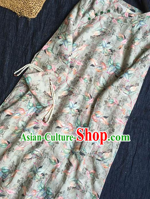 Chinese Traditional Tang Suit Printing Flax Cheongsam National Costume Qipao Dress for Women