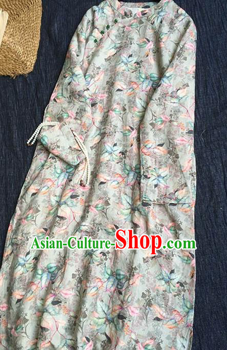 Chinese Traditional Tang Suit Printing Flax Cheongsam National Costume Qipao Dress for Women