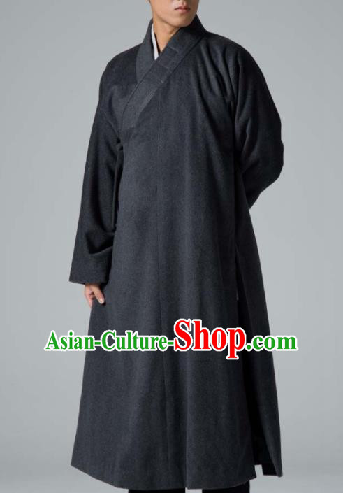Traditional Chinese Monk Costume Buddhists Deep Grey Woolen Long Robe for Men
