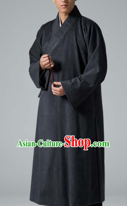 Traditional Chinese Monk Costume Buddhists Deep Grey Woolen Long Robe for Men