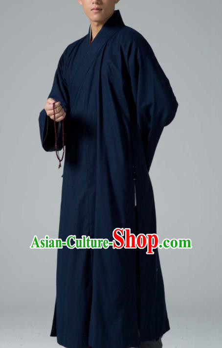 Traditional Chinese Monk Costume Buddhists Abbot Navy Yarn Gown for Men