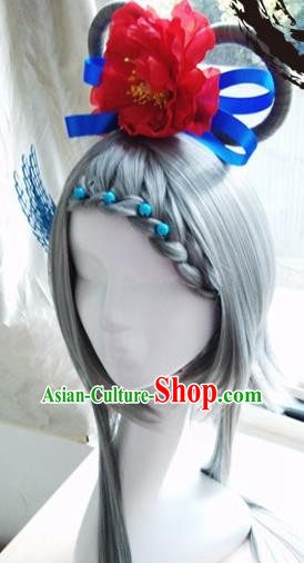 Traditional Chinese Cosplay Swordsman Grey Wigs and Headwear for Women