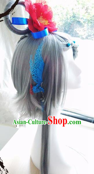 Traditional Chinese Cosplay Swordsman Grey Wigs and Headwear for Women