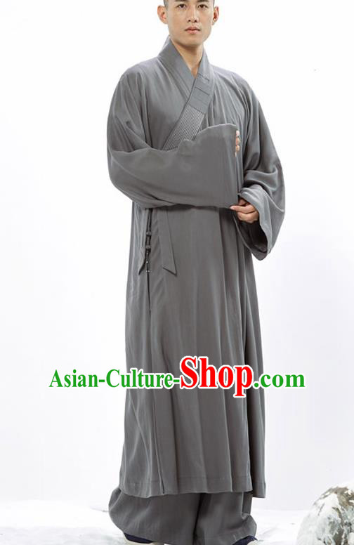 Traditional Chinese Monk Costume Buddhists Grey Long Robe for Men