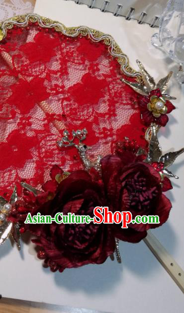 Traditional Chinese Classical Red Lace Palace Fans Hanfu Bride Fan for Women