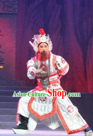 Traditional Chinese Henan Opera Seven Swords General Costumes White Body Armour and Headwear for Men