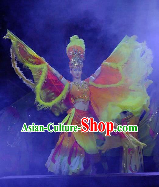 Phoenix Flying Qiang Dance Traditional Chinese Folk Dance Orange Wings Dress and Headwear for Women
