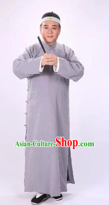 Traditional Chinese Drama Tian Ming Qing Dynasty Civilian Grey Costumes and Headwear for Men
