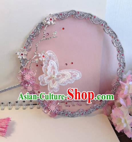 Traditional Chinese Classical Pink Silk Palace Fans Hanfu Bride Round Fan for Women