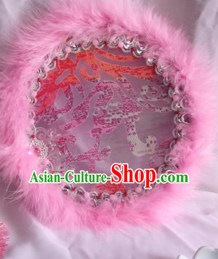 Traditional Chinese Classical Pink Feather Palace Fans Hanfu Bride Round Fan for Women