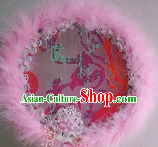 Traditional Chinese Classical Pink Feather Palace Fans Hanfu Bride Round Fan for Women