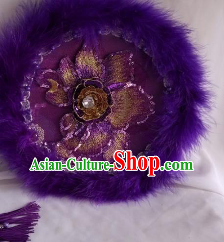 Traditional Chinese Classical Purple Feather Palace Fans Hanfu Bride Round Fan for Women