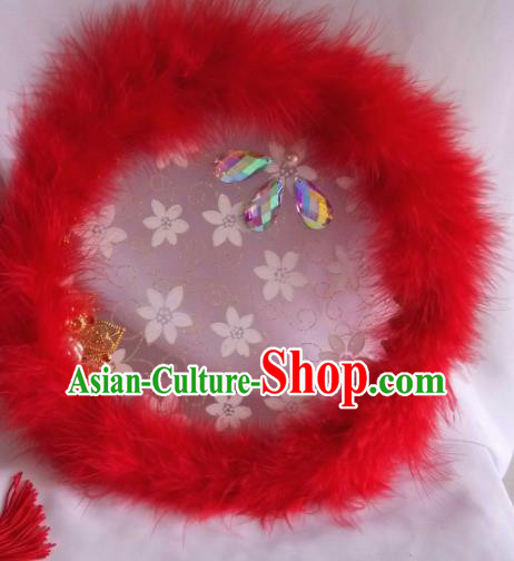 Traditional Chinese Classical Red Feather Palace Fans Hanfu Bride Round Fan for Women