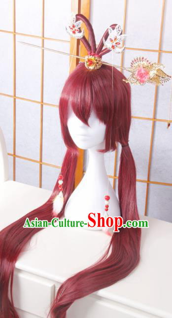 Traditional Japanese Cosplay Fairy Red Wigs and Hair Accessories for Women