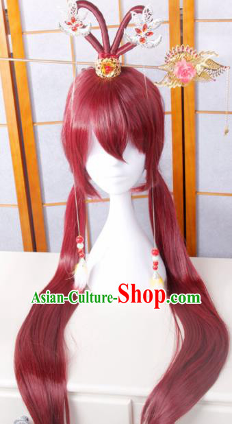 Traditional Japanese Cosplay Fairy Red Wigs and Hair Accessories for Women