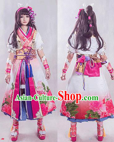 Top Grade Cosplay Geisha Printing Peony Pink Dress Ancient Heroine Costume for Women