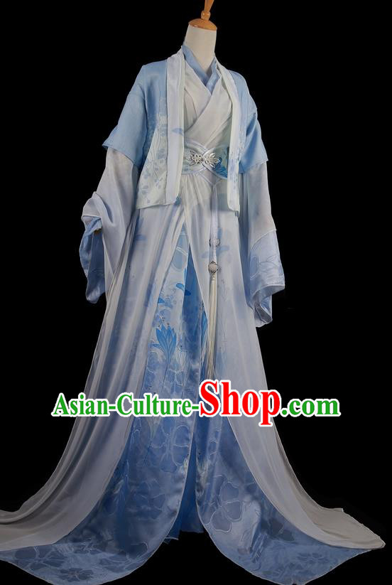 Traditional Chinese Cosplay Female Swordsman Blue Dress Ancient Princess Costume for Women