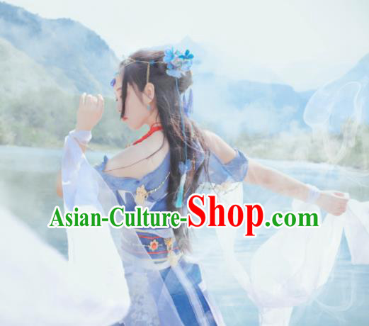 Chinese Cosplay Female Swordsman Blue Dress Ancient Princess Peri Costume for Women