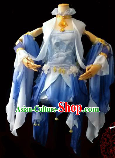 Chinese Cosplay Heroine Female Swordsman Blue Short Dress Ancient Princess Peri Costume for Women
