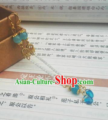 Traditional Chinese Hanfu Blue Beads Tassel Earrings Classical Ear Accessories for Women