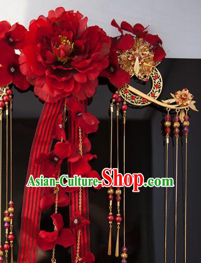 Traditional Chinese Classical Red Peony Hair Crown Tassel Hairpins Ancient Princess Hanfu Hair Accessories for Women