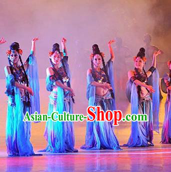 Chinese Tamrac Heaven Classical Dance Blue Dress Stage Performance Costume and Headpiece for Women