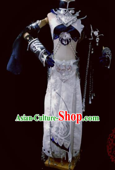 Chinese Cosplay Heroine Female Swordsman White Dress Ancient Knight Princess Peri Costume for Women