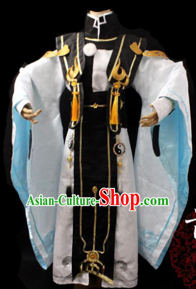 Traditional Chinese Cosplay Taoist Priest White Clothing Ancient Swordsman Costume for Men