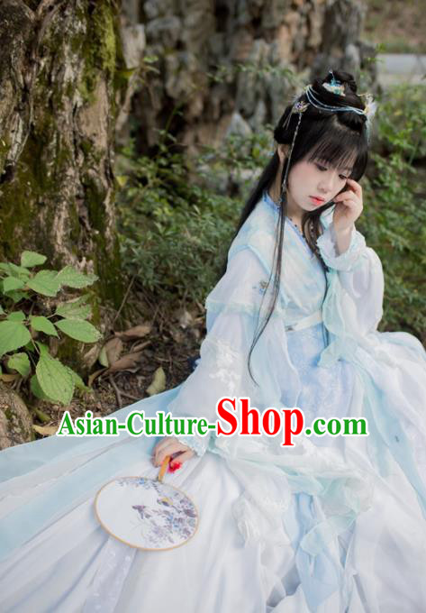 Chinese Cosplay Goddess Princess Light Blue Dress Ancient Female Swordsman Knight Costume for Women