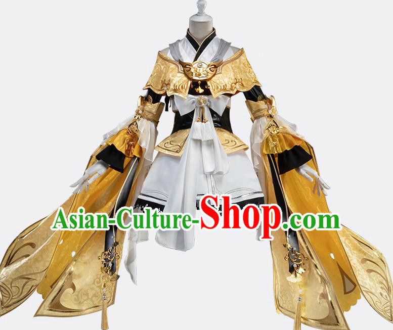 Traditional Chinese Cosplay Female Swordsman Golden Dress Ancient Heroine Costume for Women