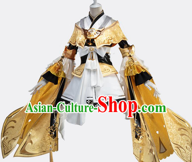 Traditional Chinese Cosplay Female Swordsman Golden Dress Ancient Heroine Costume for Women