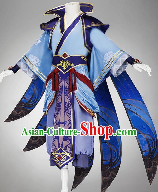Traditional Chinese Cosplay Taoist Priest Blue Clothing Ancient Swordsman Costume for Men