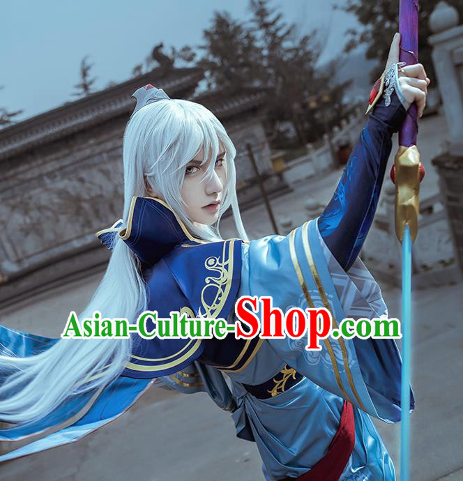 Traditional Chinese Cosplay Taoist Priest Blue Clothing Ancient Swordsman Costume for Men