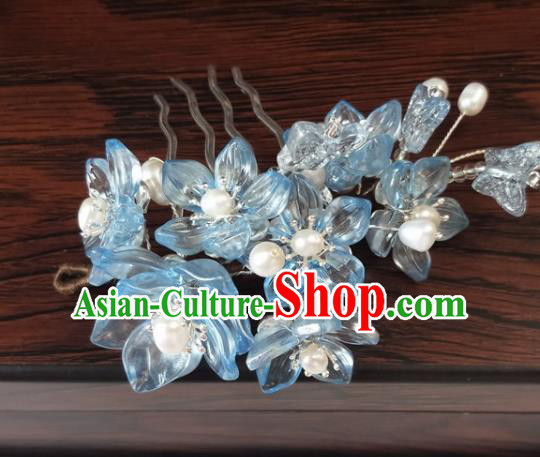 Traditional Chinese Hanfu Palace Blue Flowers Hair Comb Hairpins Ancient Princess Hair Accessories for Women