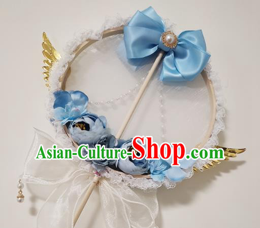 Handmade Chinese Silk Palace Fans Wedding Blue Roses Round Fan for Women