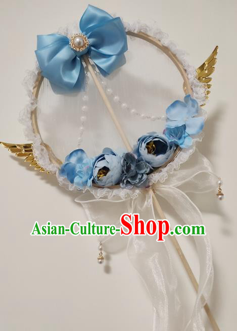 Handmade Chinese Silk Palace Fans Wedding Blue Roses Round Fan for Women