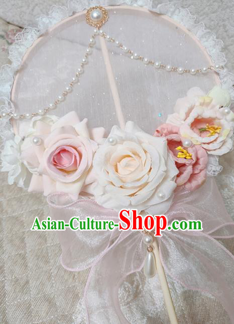 Handmade Chinese Silk Palace Fans Wedding Pink Roses Round Fan for Women