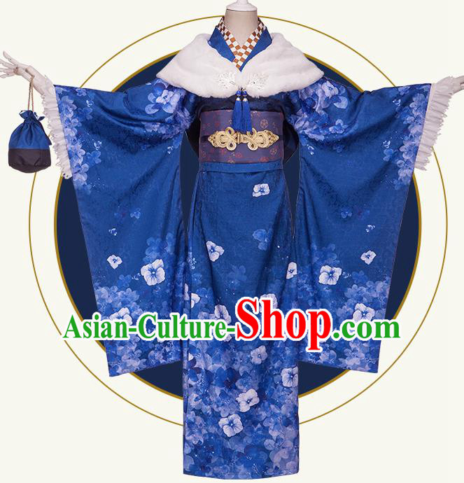 Traditional Japanese Cosplay Geisha Printing Blue Kimono Japan Yukata Dress for Women