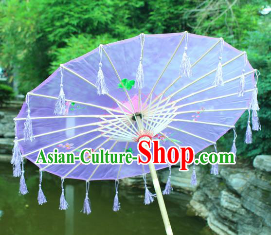 Handmade Chinese Printing Flowers Purple Tassel Silk Umbrella Traditional Classical Dance Decoration Umbrellas