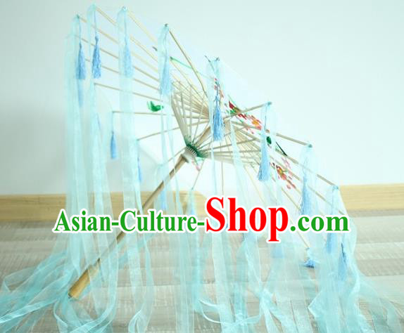 Handmade Chinese Printing Flowers Blue Ribbon Silk Umbrella Traditional Classical Dance Decoration Umbrellas