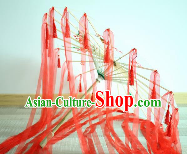 Handmade Chinese Red Ribbon Silk Umbrella Traditional Classical Dance Decoration Umbrellas