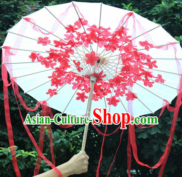Handmade Chinese Red Flowers Ribbon Silk Umbrella Traditional Classical Dance Decoration Umbrellas