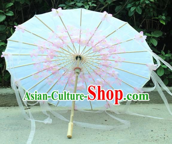 Handmade Chinese Pink Flowers Ribbon Silk Umbrella Traditional Classical Dance Decoration Umbrellas