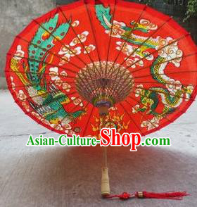 Chinese Classical Dance Handmade Printing Phoenix Dragon Red Paper Umbrella Traditional Decoration Umbrellas
