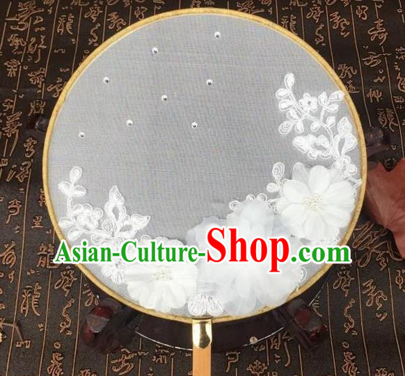 Handmade Chinese Classical Hanfu White Flowers Silk Round Fan Traditional Palace Fans