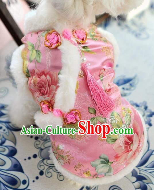 Traditional Asian Chinese Winter Dog Pink Brocade Costumes for New Year