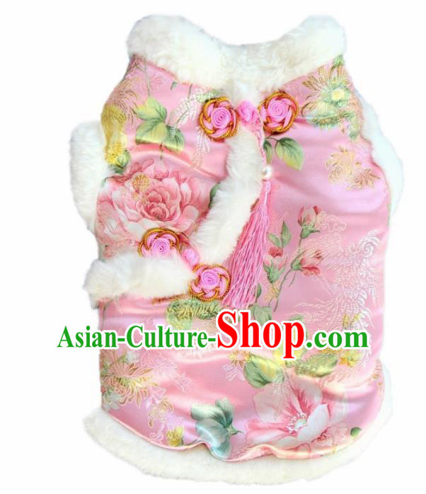 Traditional Asian Chinese Winter Dog Pink Brocade Costumes for New Year